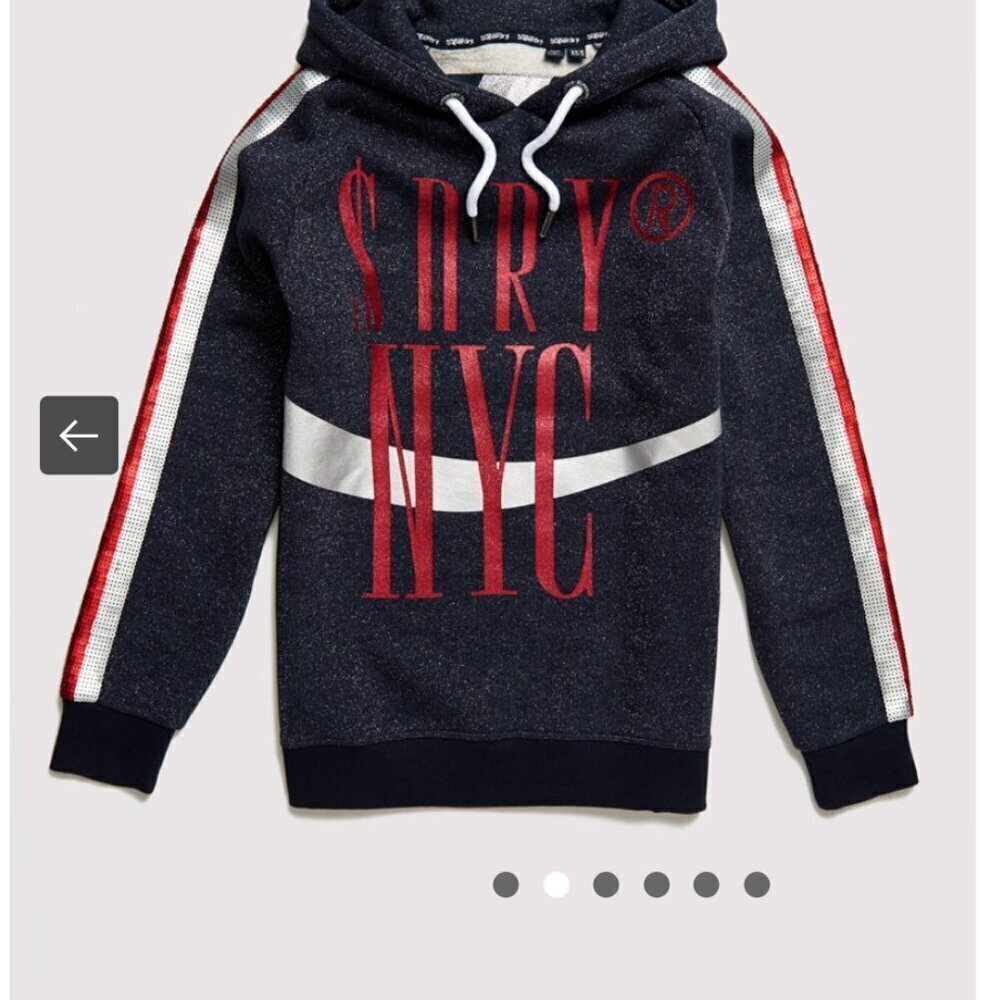 SUPERDRY Women's NYC Oversized Boutique Hoodie Red Blue Sequin Sweatshirt XS S